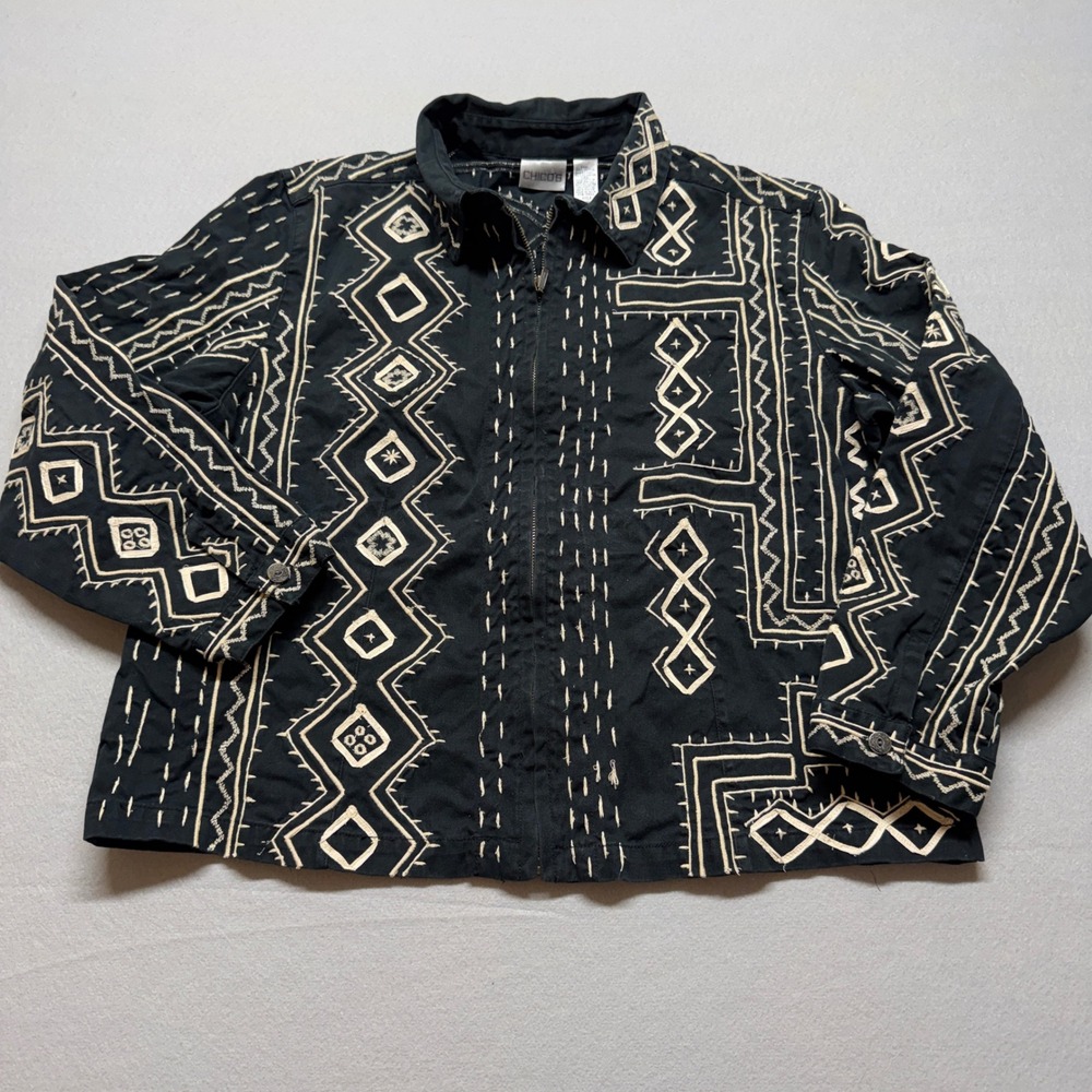 Chicos Black Cream Geometric Embroidered Zip Front Jacket Size 3 XL Cotton Boho